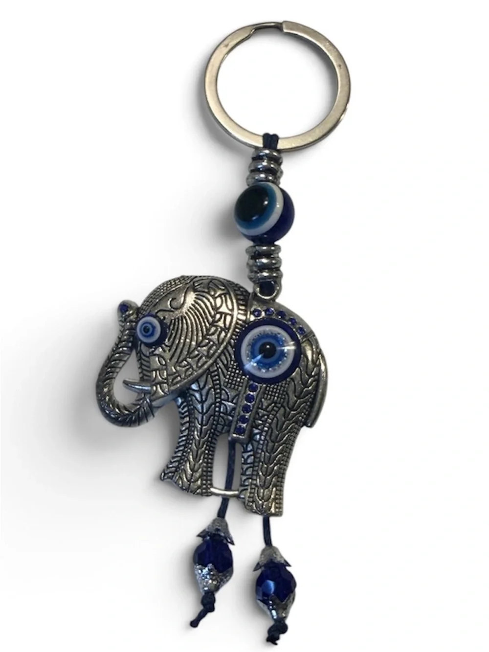 eye candy Silver Elephant Keychain with Blue Evil Eye Beads